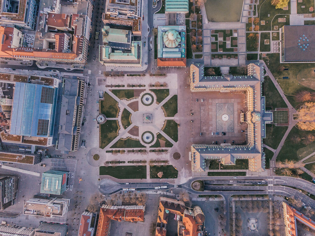 Aerial view of central Stuttgart, Germany during sunset.
